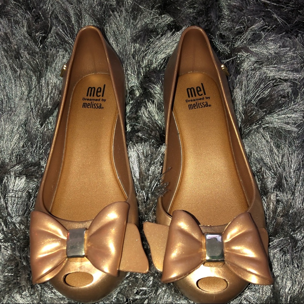 Girls gold bow Melissa peep toe ballet shoe